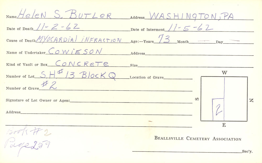 Helen S. Butler burial card